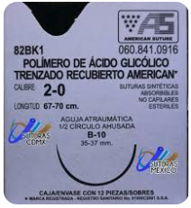 Suturas. Sintética absorbible trenzada de poligliconato con aguja. Longitud de la hebra: 70 cm Calibre de la sutura: 0 Características de la aguja: 1/2 círculo ahusada de (24-26 mm).Envase con 12 piezas.
